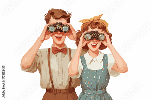 Casal sorridente olhando através de binóculos, buscando um futuro melhor com otimismo e esperança.