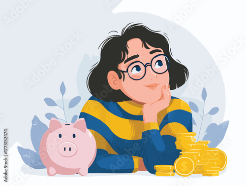 Jovem pensando em economizar dinheiro com um cofrinho e moedas, conceito de finanças pessoais.