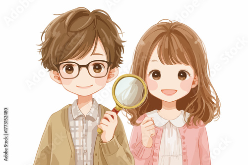 Casal sorridente com uma lupa, representando pesquisa, descoberta e curiosidade em um estilo de arte vetorial.