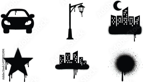 Silhouettes of urban elements including car street lamp city skyline star and spray paint.