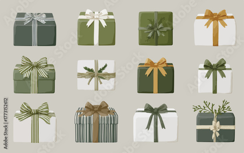 Caixas de presente em vetor com laços e fitas, em tons de verde e branco, para ocasiões especiais.