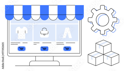 Computer screen with storefront awning, product categories, shopping carts, gear for settings, and boxes. Ideal for e-commerce, online shopping, automation, product logistics user interface retail