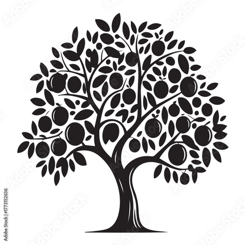 A bountiful fruit tree laden with ripe fruits stands tall, its branches reaching towards the sky isolated on white background, symbolizing abundance and growth