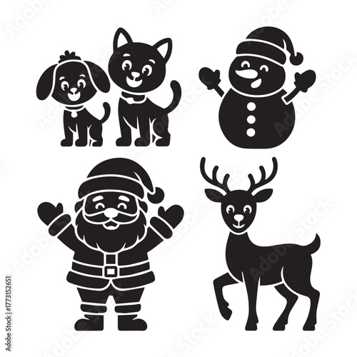 A festive collection of christmas characters isolated on white background, featuring a cheerful santa claus, a cute reindeer, a playful dog, a curious cat, and a jolly snowman, all in silhouette style