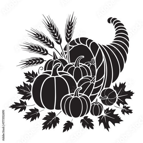 A cornucopia overflowing with pumpkins, wheat, and leaves, isolated on white background the horn of plenty is a symbol of abundance and harvest, perfect for thanksgiving