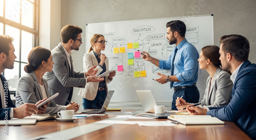 A dynamic team of business professionals collaborating and strategizing around a table, using sticky notes and a whiteboard to visualize their ideas and plans