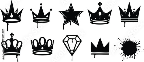 Crowns and Star Icon Set in Black and White.