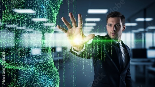 A man in a suit reaches out to a 3D green digital human figure with glowing light