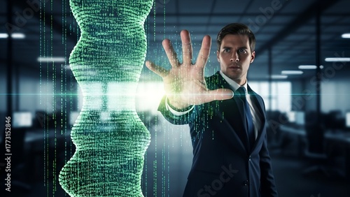 A man in a suit reaches towards a digital DNA strand with binary code background