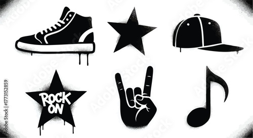 Rock and Roll Icons Shoe Star Cap Hand and Music Note.
