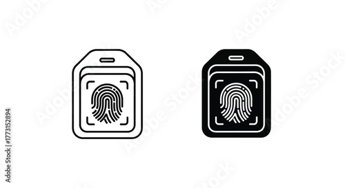 Biometric fingerprint scanner icons shown in both outline and solid black glyph styles for secure identification.
