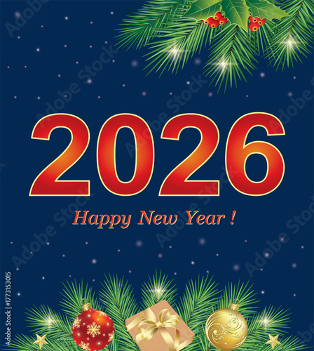 Hapy New Year 2026. Christmas background with holiday decorations of Christmas balls on fir branches and gift boxes. Luxury festive design. Vector illustration 