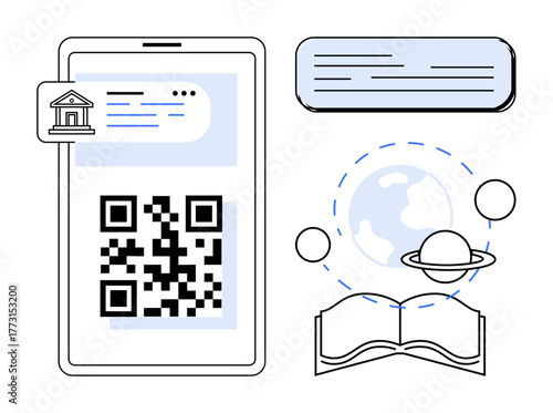 QR code on smartphone linking to educational content, open book, and planetary orbit, promoting digital education. Ideal for e-learning, knowledge sharing, technology, innovation, study