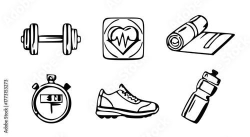 Design a fitness and health activity icon pack — dumbbell, heart rate, yoga mat, stopwatch, running shoe, and water bottle.
