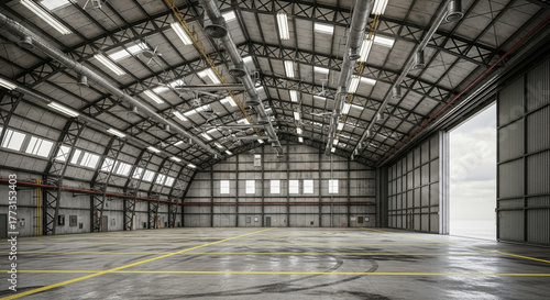 The interior of a large empty warehouse with a concrete floor and metal walls, illuminated by natural light streaming through the windows and open door