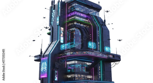 Futuristic cyberpunk building isolated on white background, a hightech structure with neon lights and intricate details, showcasing advanced architectural design