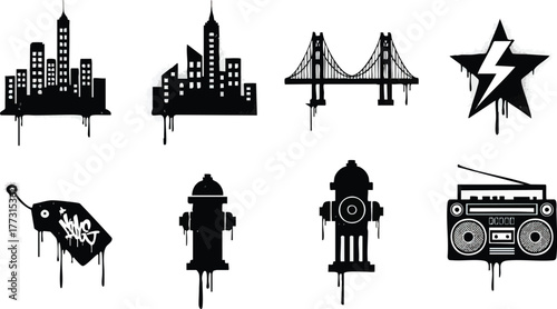 Urban Graffiti Art Collection Featuring Cityscapes Bridges and Iconic Symbols.