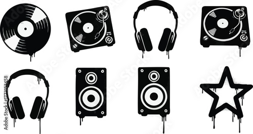 Set of black graffiti style music equipment icons.