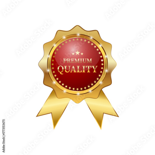 A shining gold and red "Premium Quality" badge with stars and ribbons, symbolizing excellence,