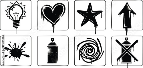 Collection of black graffiti stencil icons with dripping paint effect.