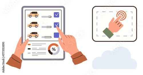 Hands selecting cars on digital checklist with percentage chart touchscreen action icon on display. Ideal for user interaction, decision-making, car selection, online platforms, data review