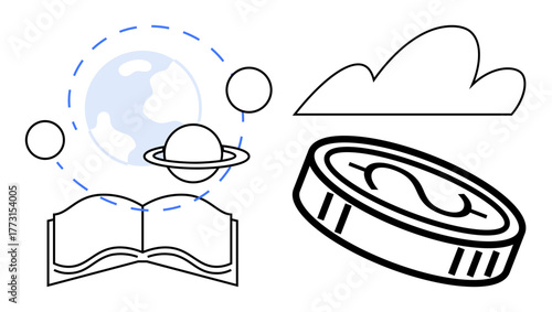 Open book beneath orbiting planets, dollar coin, and cloud. Ideal for education, finance, science, environment, knowledge innovation and growth themes. Represents simple flat metaphor