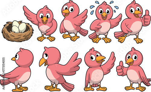 Cartoon pink bird character set, expressive poses and emotions, thumbs-up and waving gestures, nest and eggs, vector artwork design