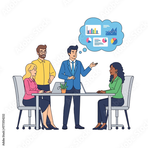 Strategic Synergy: A dynamic team collaborates in a modern office, the leader explaining the business analytics, envisioning the future direction.
