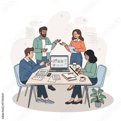 Collaborative Workshop: A diverse team is actively engaged in a lively business discussion, brainstorming around a central table with a laptop, documents, and coffee cups.