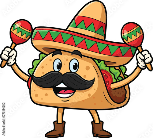 Cartoon taco character with sombrero and maracas, Mexican food mascot, festive expression, cultural celebration theme, vector artwork, fun design