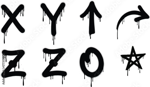 Graffiti style black letters and symbols with dripping paint effect.