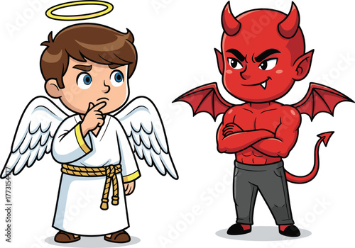 Cartoon angel and devil characters, good versus evil concept, moral choice illustration, wings and halo, horns and tail, vector artwork