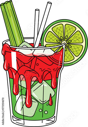 Cartoon cocktail with dripping liquid, colorful beverage illustration, lime garnish, ice cubes, stylized drink design, vector artwork, party theme