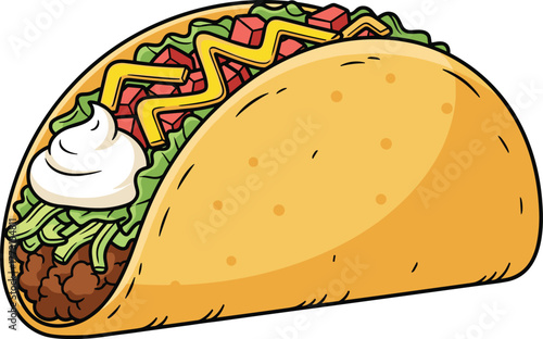 Cartoon taco with toppings, Mexican food illustration, ground beef, lettuce, tomato, cheese, sour cream, vector artwork, tasty snack design
