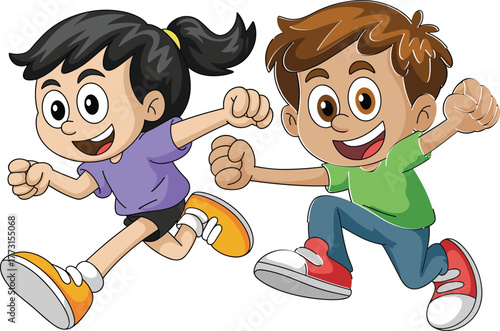 Cartoon children running with excitement, energetic kids illustration, playful motion pose, smiling expressions, active lifestyle theme, vector artwork design