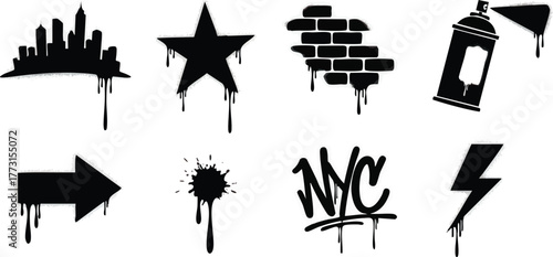 Graffiti Elements Collection Urban Art Icons with Dripping Paint.