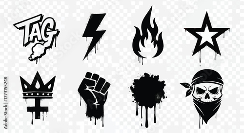 Graffiti art collection featuring various urban symbols and designs in black color.