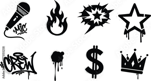 Set of black graffiti style icons for urban culture design.