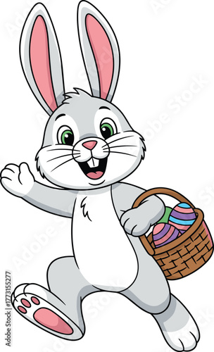 Cartoon Easter bunny with basket, smiling rabbit character, colorful eggs, spring celebration theme, hopping pose, festive vector illustration design