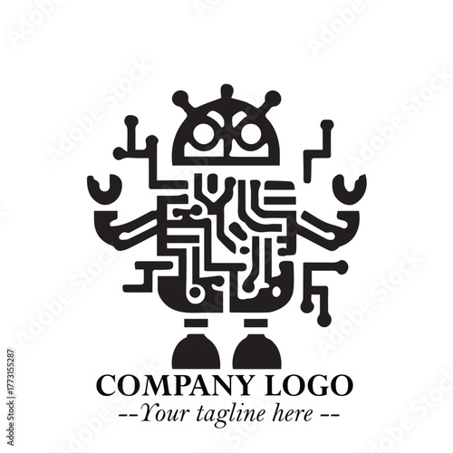 Circuit Robot Logo Symbol in Black on the White Background with Futuristic Tech Design
