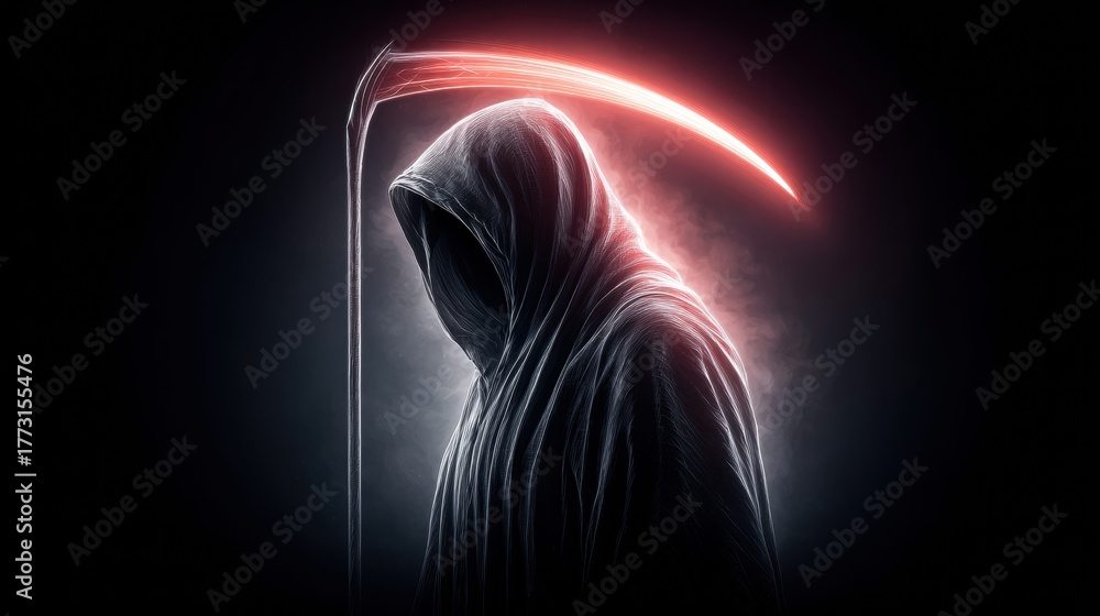 Fototapeta premium Grim Reaper with a glowing scythe in a dark, ominous scene