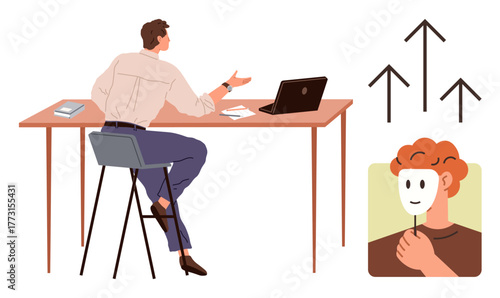 Man at desk gesturing during discussion with upward arrows and masked person symbolizing identity and growth. Ideal for themes of personal development, leadership, innovation, authenticity