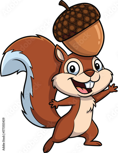 Cartoon squirrel balancing acorn, cheerful forest animal character, playful pose, big smile, animated vector illustration, fun wildlife artwork design