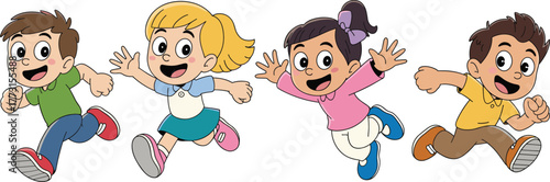 Cartoon children running with excitement, playful kid characters, smiling expressions, dynamic motion pose, colorful outfits, vector artwork, fun design