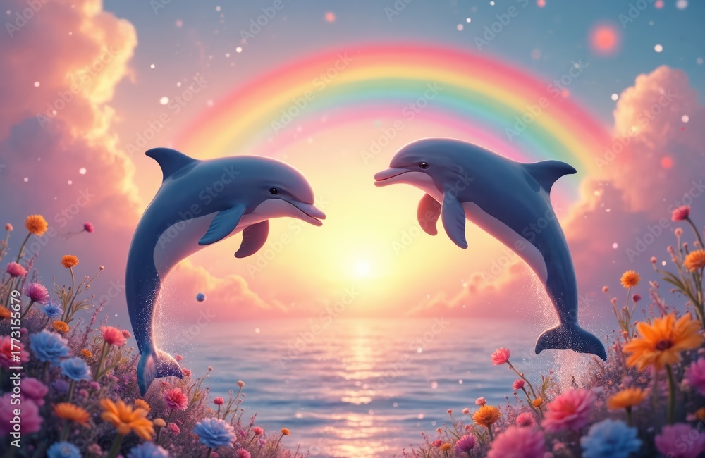 Obraz premium Two dolphins leap over water at vibrant sunset. Rainbow arcs behind. Flowers bloom near ocean. Image evokes dreamlike serenity, capturing peace and joy of seascape with marine mammals wildlife.
