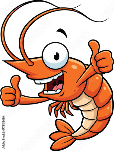 Cartoon shrimp giving thumbs up, cheerful seafood character, expressive smile, animated marine creature, fun vector illustration, ocean-themed artwork design