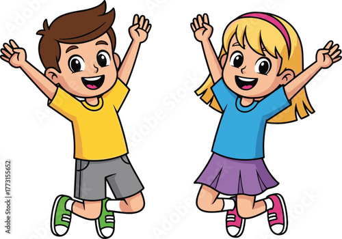 Cartoon children jumping happily, joyful kids illustration, playful pose, expressive smiles, fun childhood moment, energetic vector artwork, cheerful design