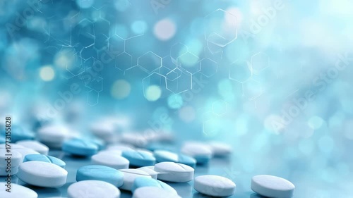 Assorted blue and white pills lie on a glossy table, symbolizing pharmaceutical innovation and healthcare solutions. Abstract bokeh and hexagonal shapes evoke a scientific and clinical atmosphere