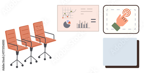 Three office chairs, data charts with graphs, interactive touchscreen, and a tablet. Ideal for teamwork, presentation, analytics, modern workplace, collaboration office design simple flat metaphor