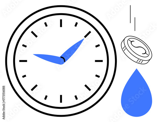Analog clock with blue hands, falling coin, and droplet highlight themes of time value, money, resource allocation, efficiency, sustainability, economic balance, and simple flat metaphor